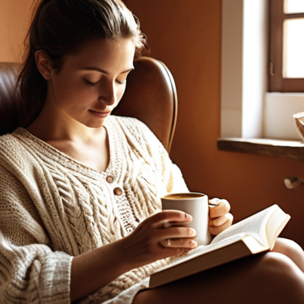 **Morning coffee ritual:** A cozy, sunlit room. A woman is sitting comfortably in an armchair, holding a favorite mug of coffee. A book is open in her lap. Soft lighting, perhaps with a candle flickering.  Warm tones. Focus on relaxation.