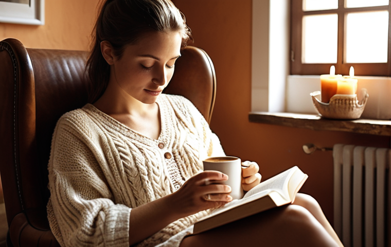 **Morning coffee ritual:** A cozy, sunlit room. A woman is sitting comfortably in an armchair, holding a favorite mug of coffee. A book is open in her lap. Soft lighting, perhaps with a candle flickering. Warm tones. Focus on relaxation.